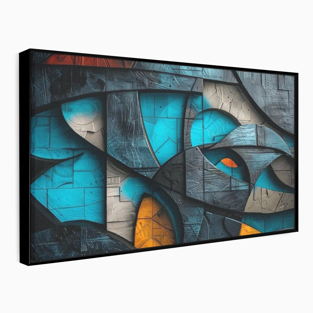 Tablou canvas cu tablou abstract cu forme geometrice din lemn, in rama de aluminiu negru